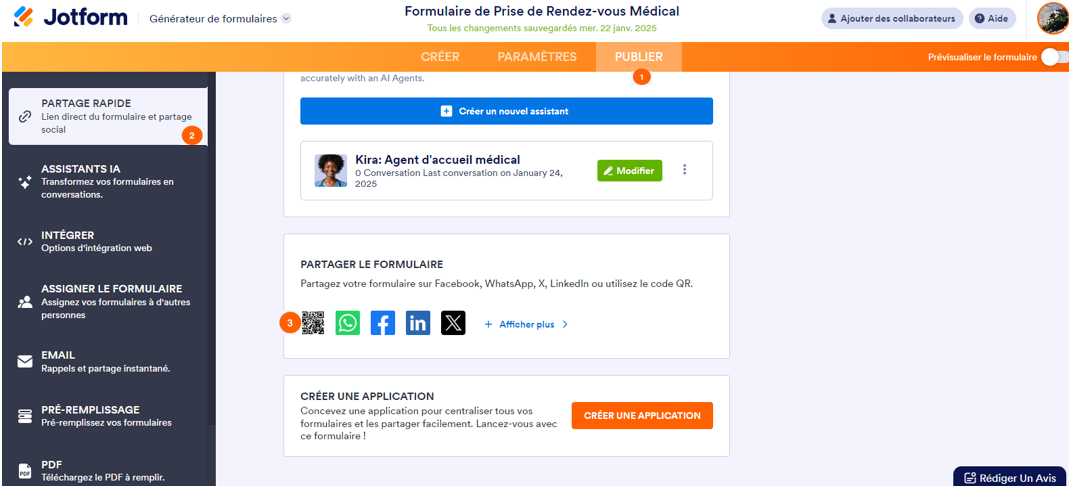 Cliquez sur l'onglet Publier dans l’interface Jotform, puis sur l'icône de code QR dans la section Partager le formulaire