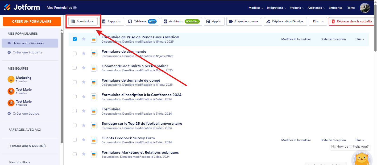 Formulaire sélectionné sur la page Mes formulaires dans Jotform avec une flèche pointant vers le bouton Soumissions