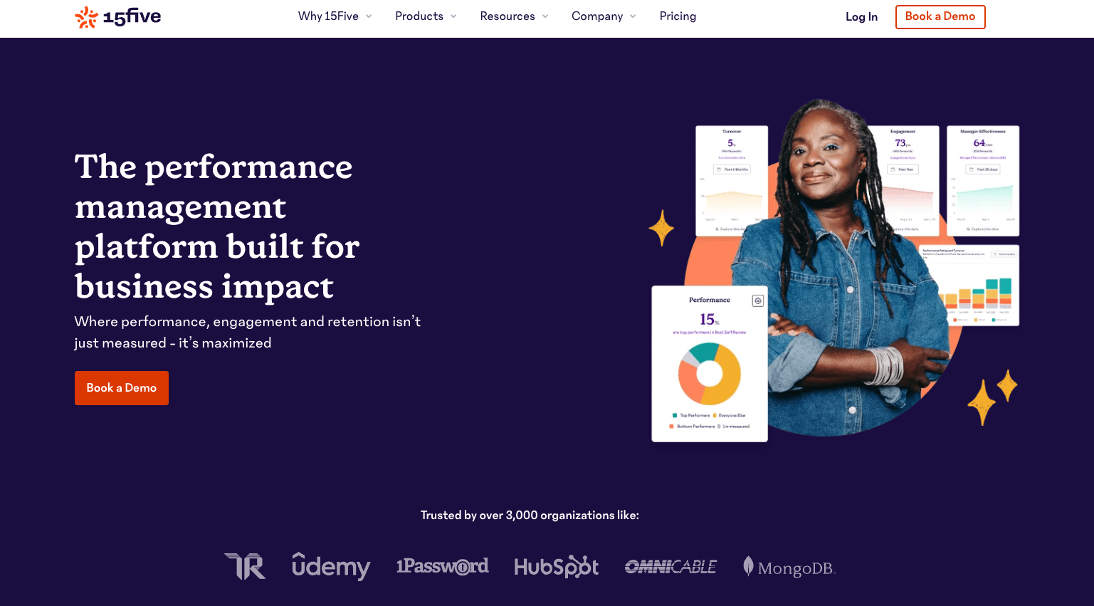 screenshot of 15five website homepage with the words the performance management platform built for business impact