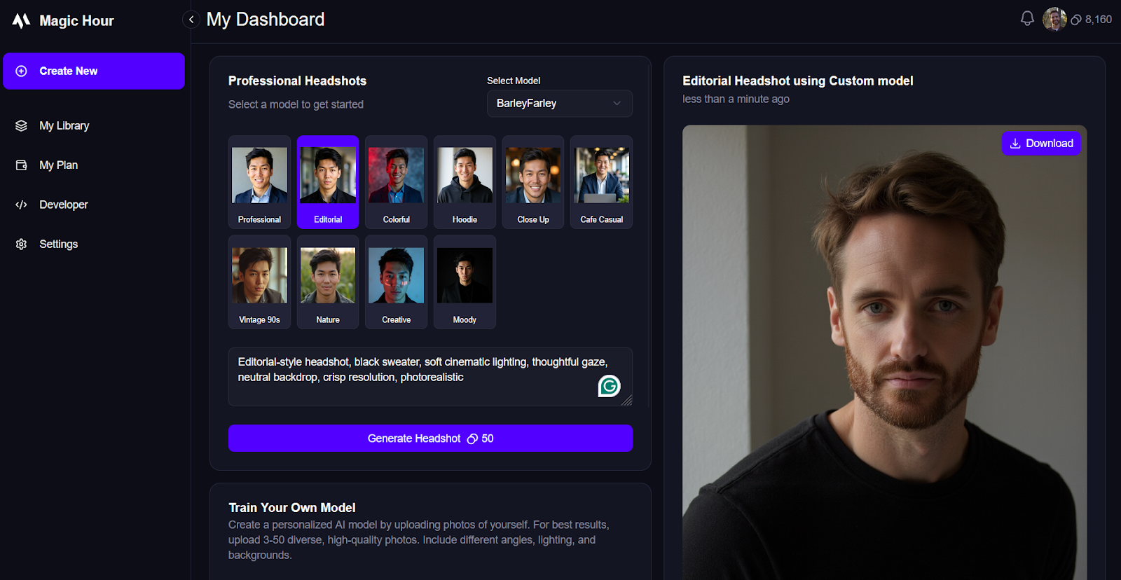 magic hour product interface screenshot showing professional headshot options that are AI-generated