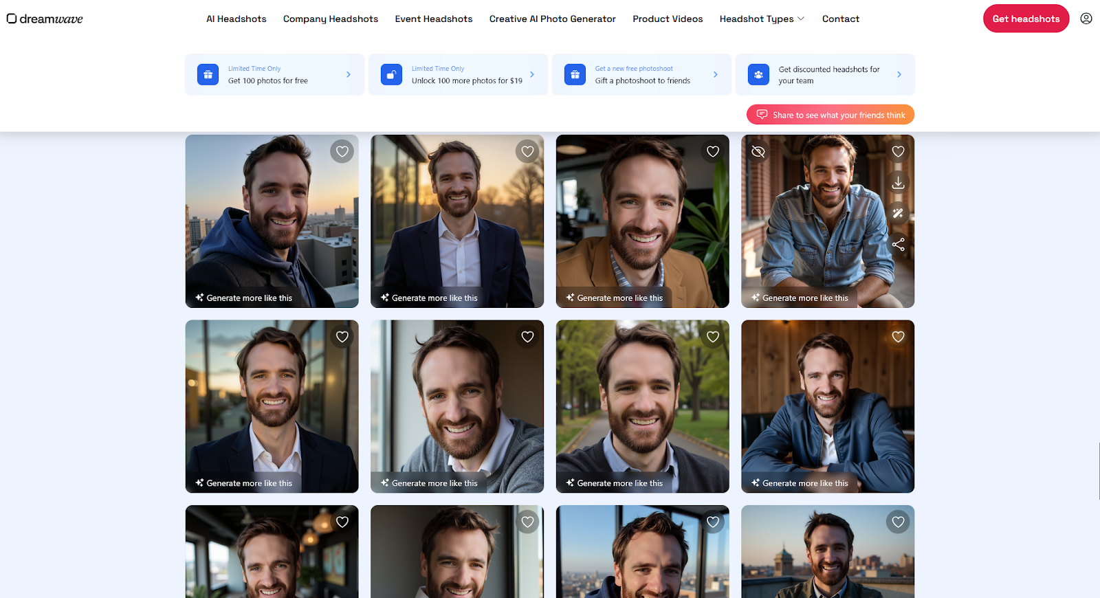 screenshot of Dreamwave headshot generator product interface showing various different headshots