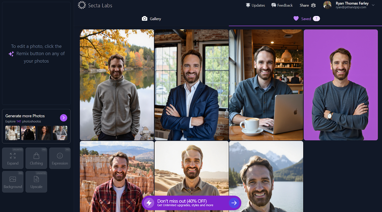 screenshot of Secta Labs  product interface showing a selection of AI generated professional headshots