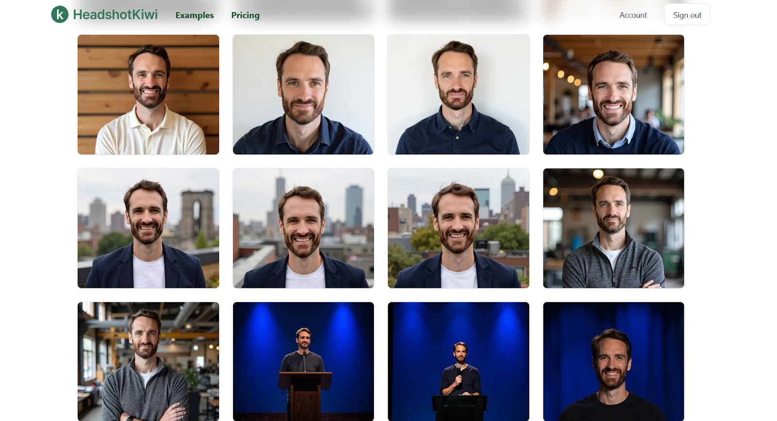 screenshot of headshotKiwi product interface with a strong selection of AI generated headshots