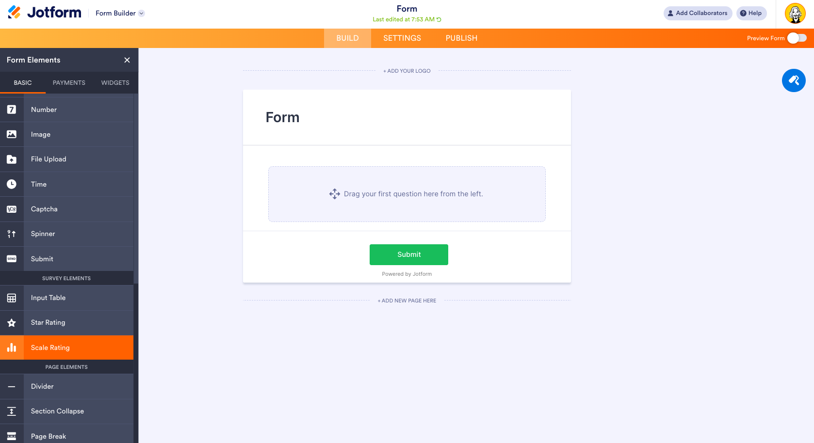 Form builder Survey Rating Element