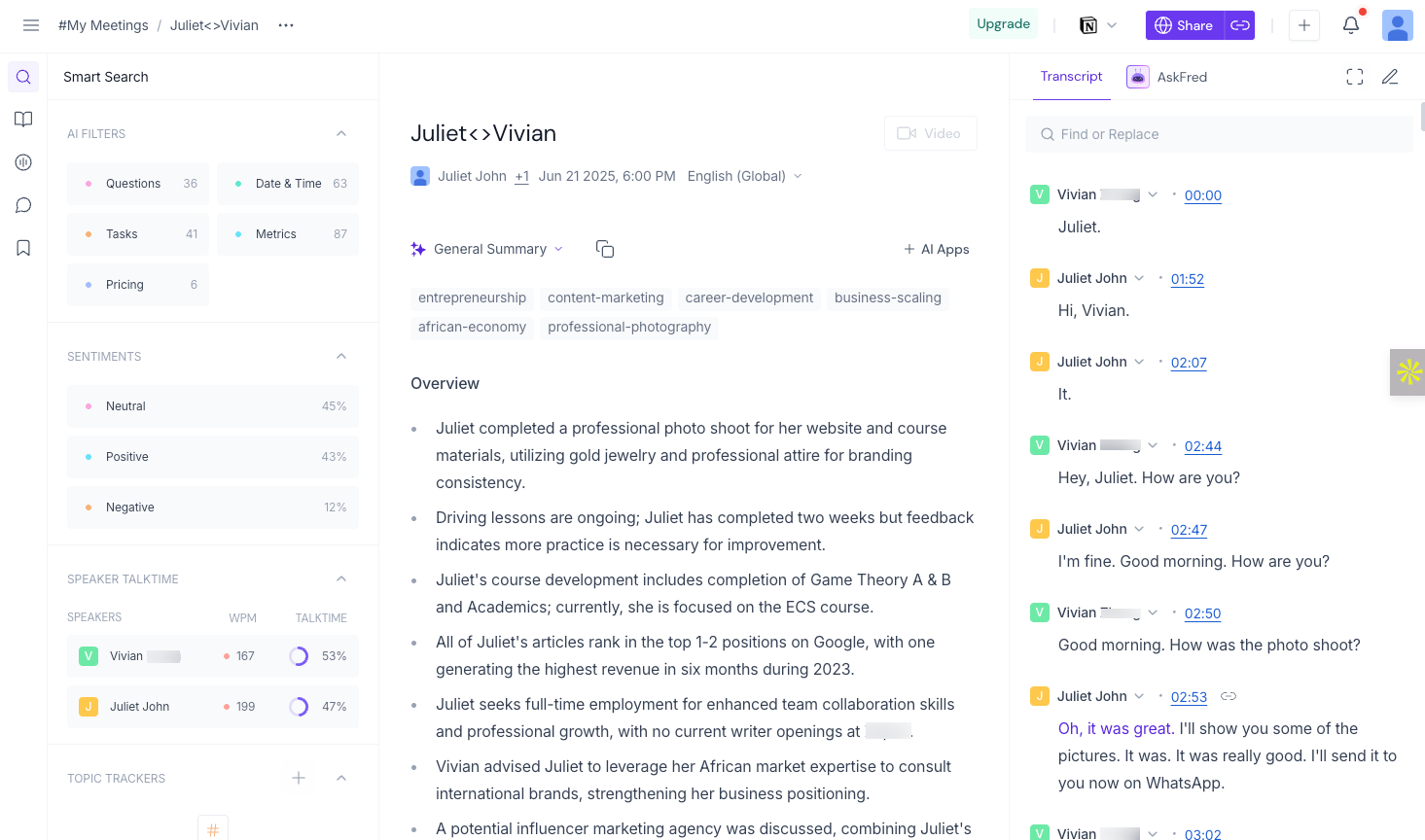 screenshot of fireflies product interface showing the summary of a meeting