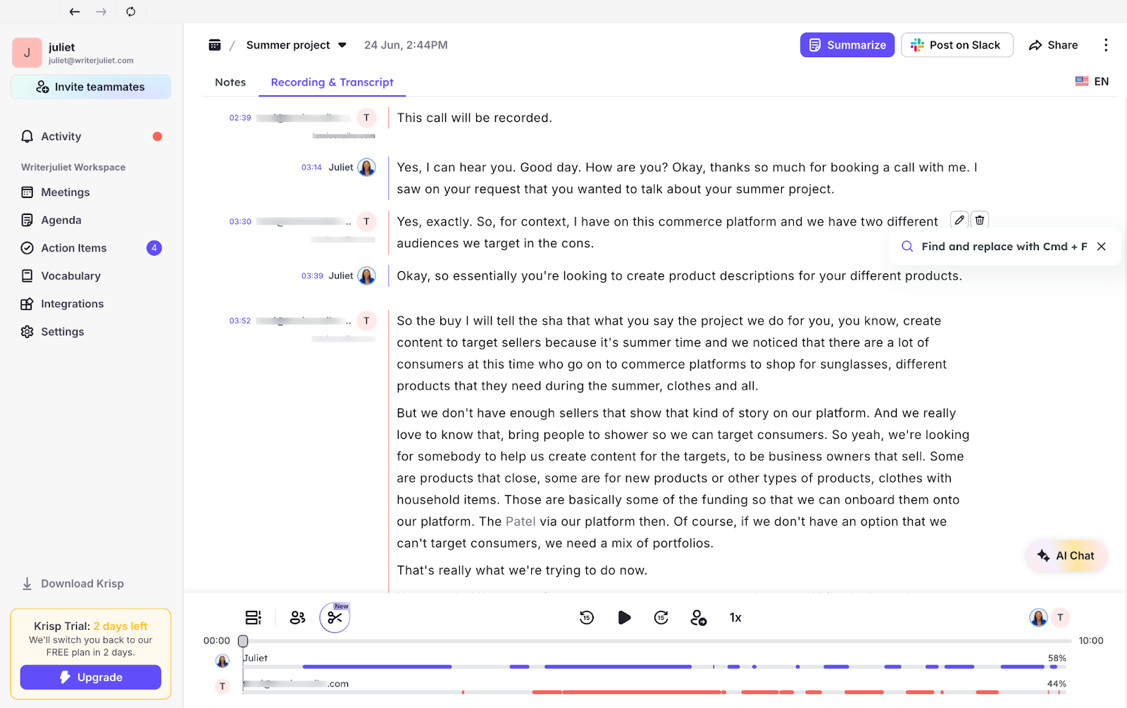 screenshot of Krisp's product interface showing the ai-generated transcript of the meeting