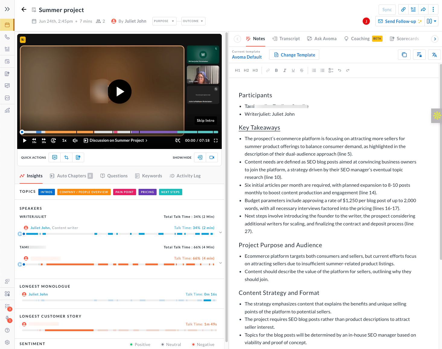 screenshot of Avoma's product interface showing the summary of the meeting, timestamps and key takaways