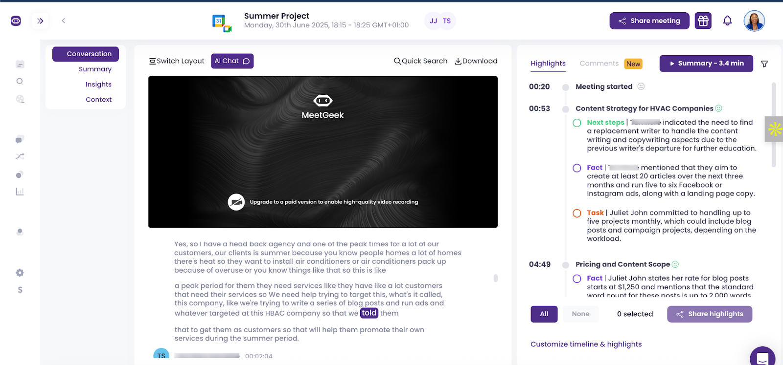 screenshot of MeetGeek product interface showing the summary of the meeting, next steps discussed etc