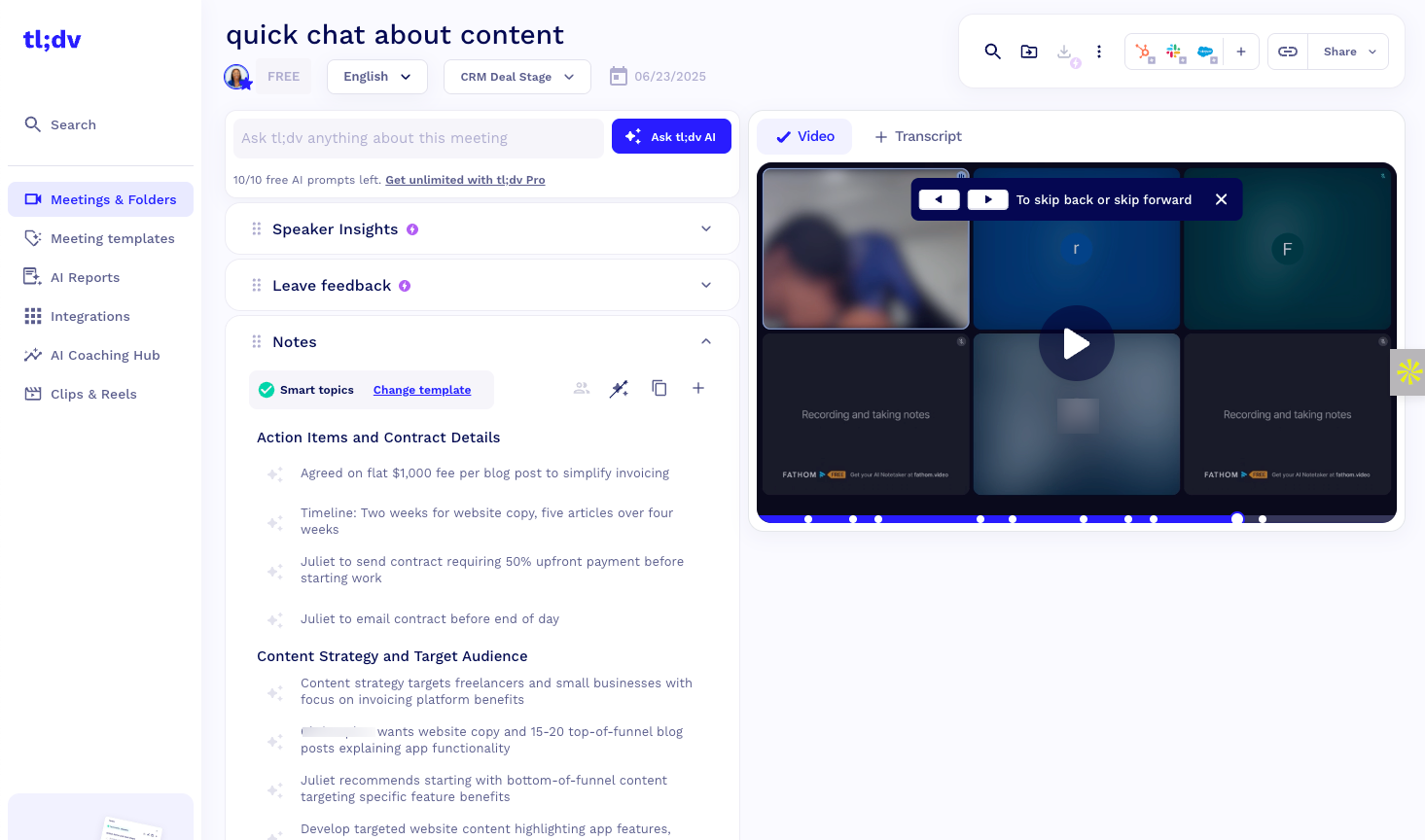 screenshot of tl;dv product interdace