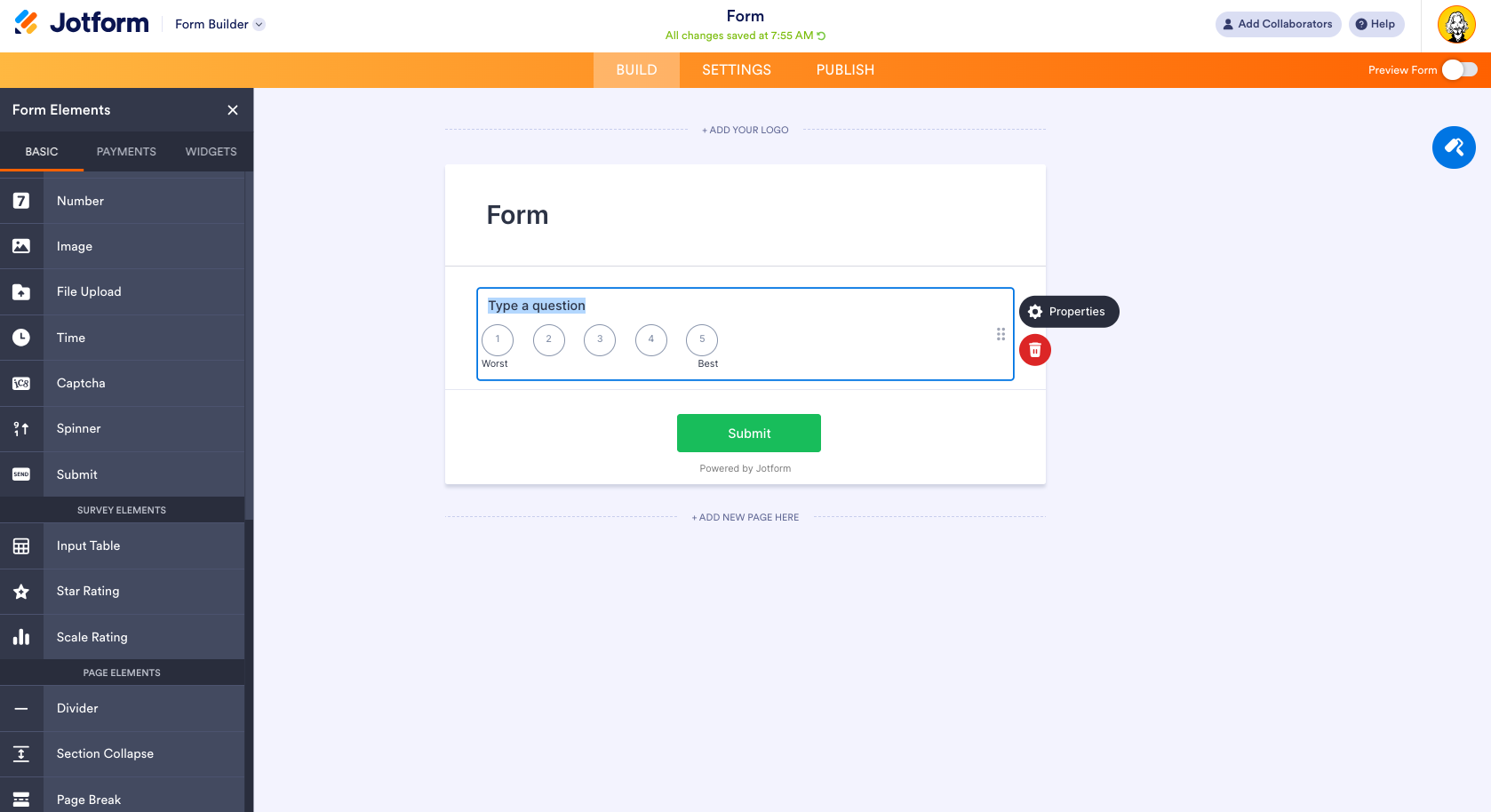 Form Builder Field Properties menu Gear Icon