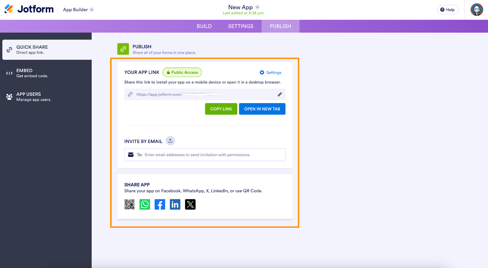 Highlighting the options under the Publish page on the App Builder