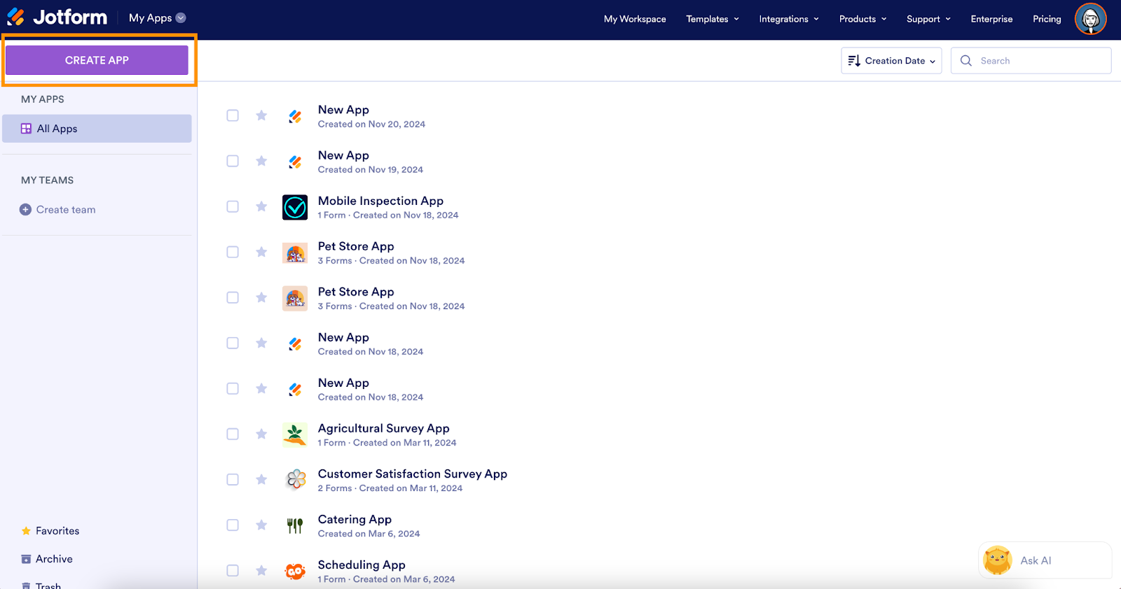 Clicking on the Create App button on My Apps page