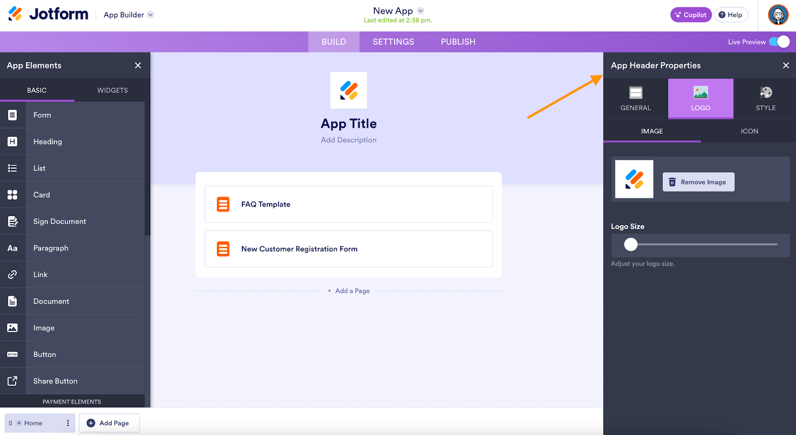 App Header Properties section on the App Builder