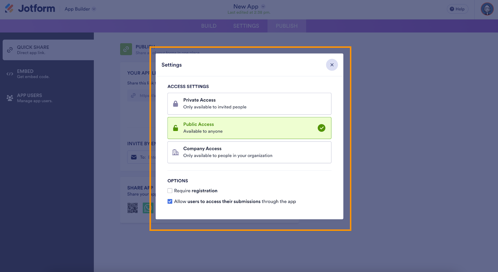 Highlighting the Settings window on the App Builder