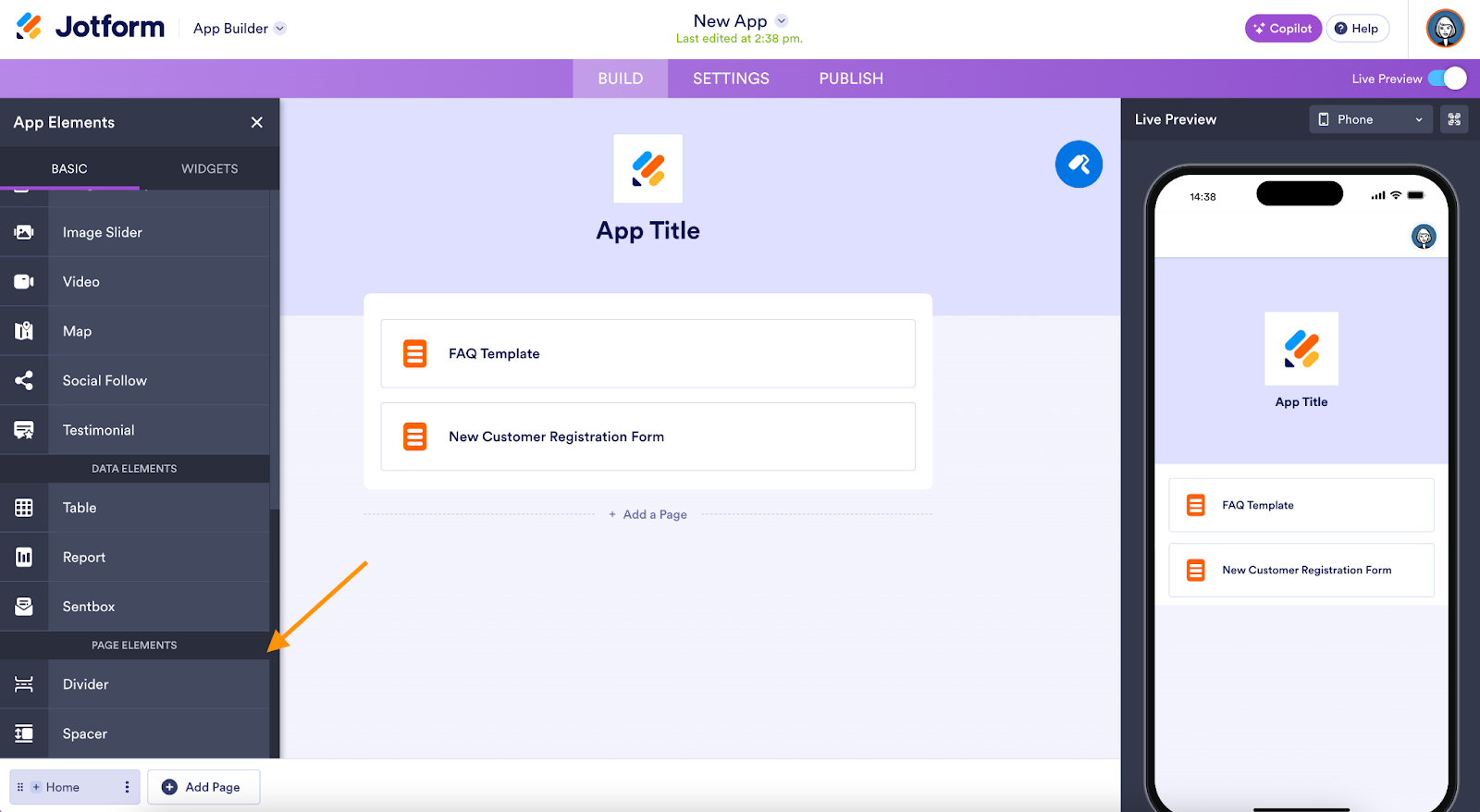 Clicking on the Page Elements section under the App Elements