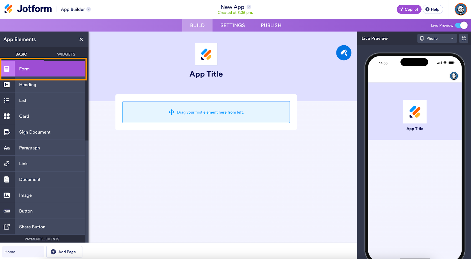 Selecting the Form option on the App Elements