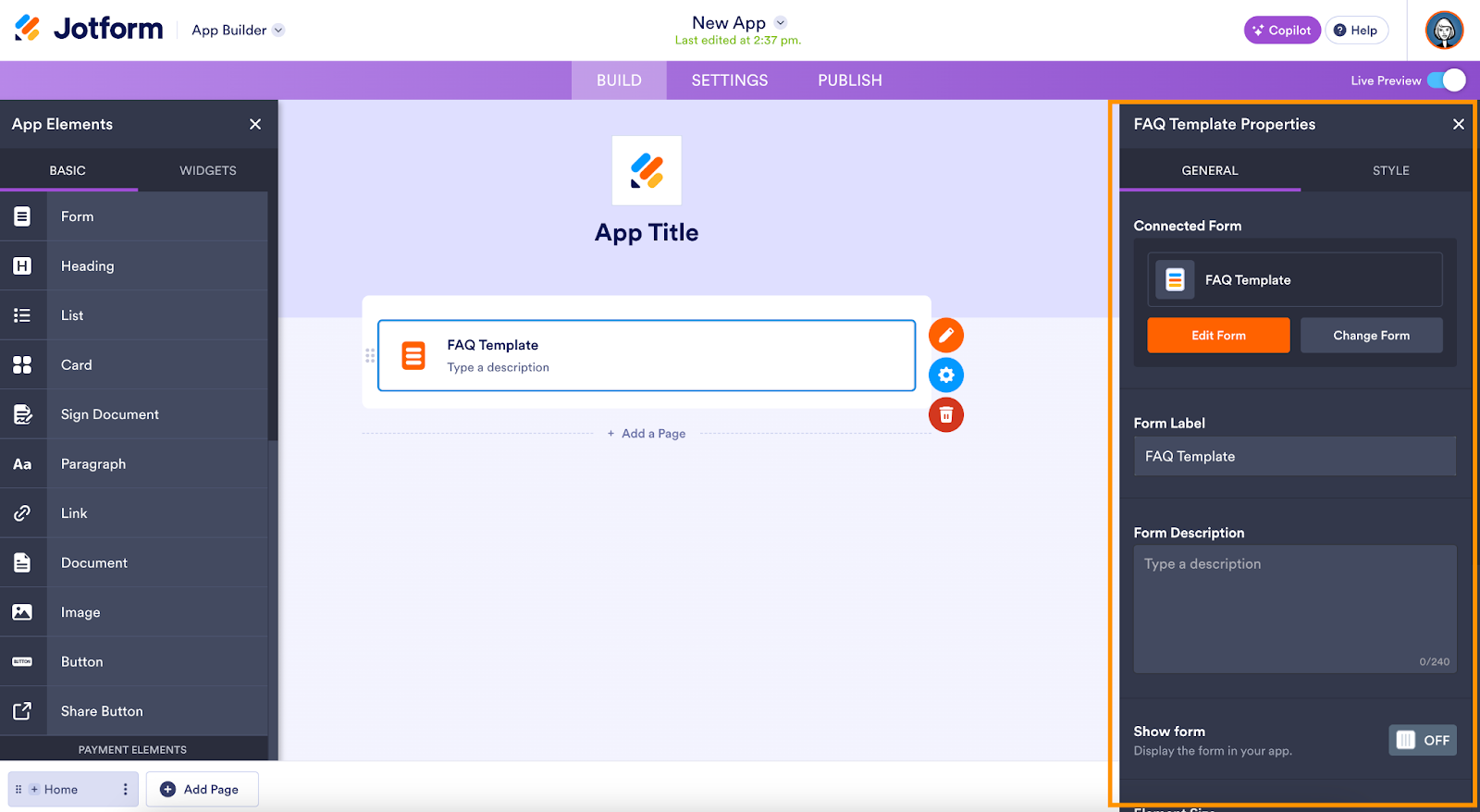 Highlighting the FAQ Template Properties on the App Builder