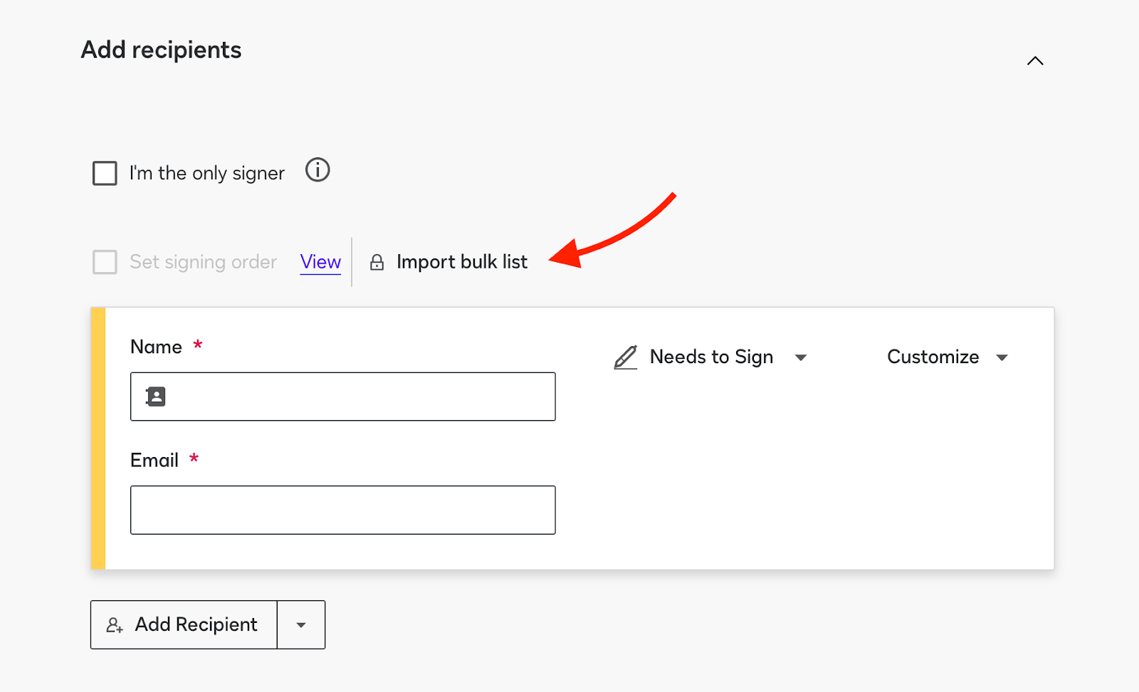 Clicking on the Import bulk list option on the Add recipients section