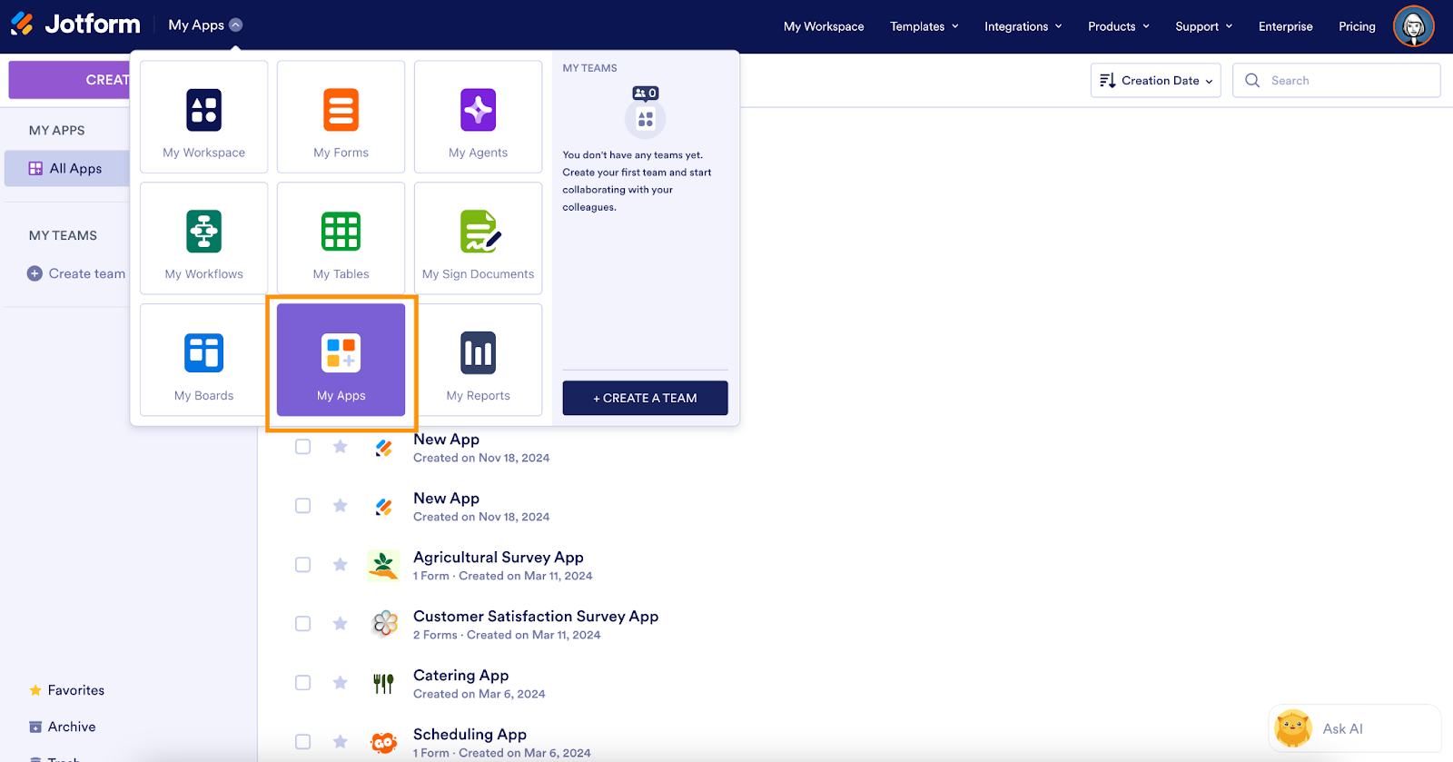 Clicking on the My Apps option on the dropdown