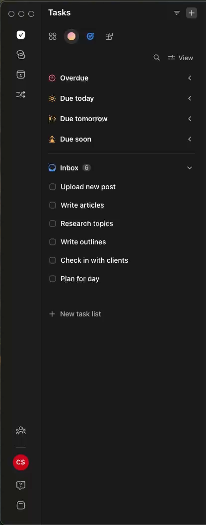 Morgen Tasks window