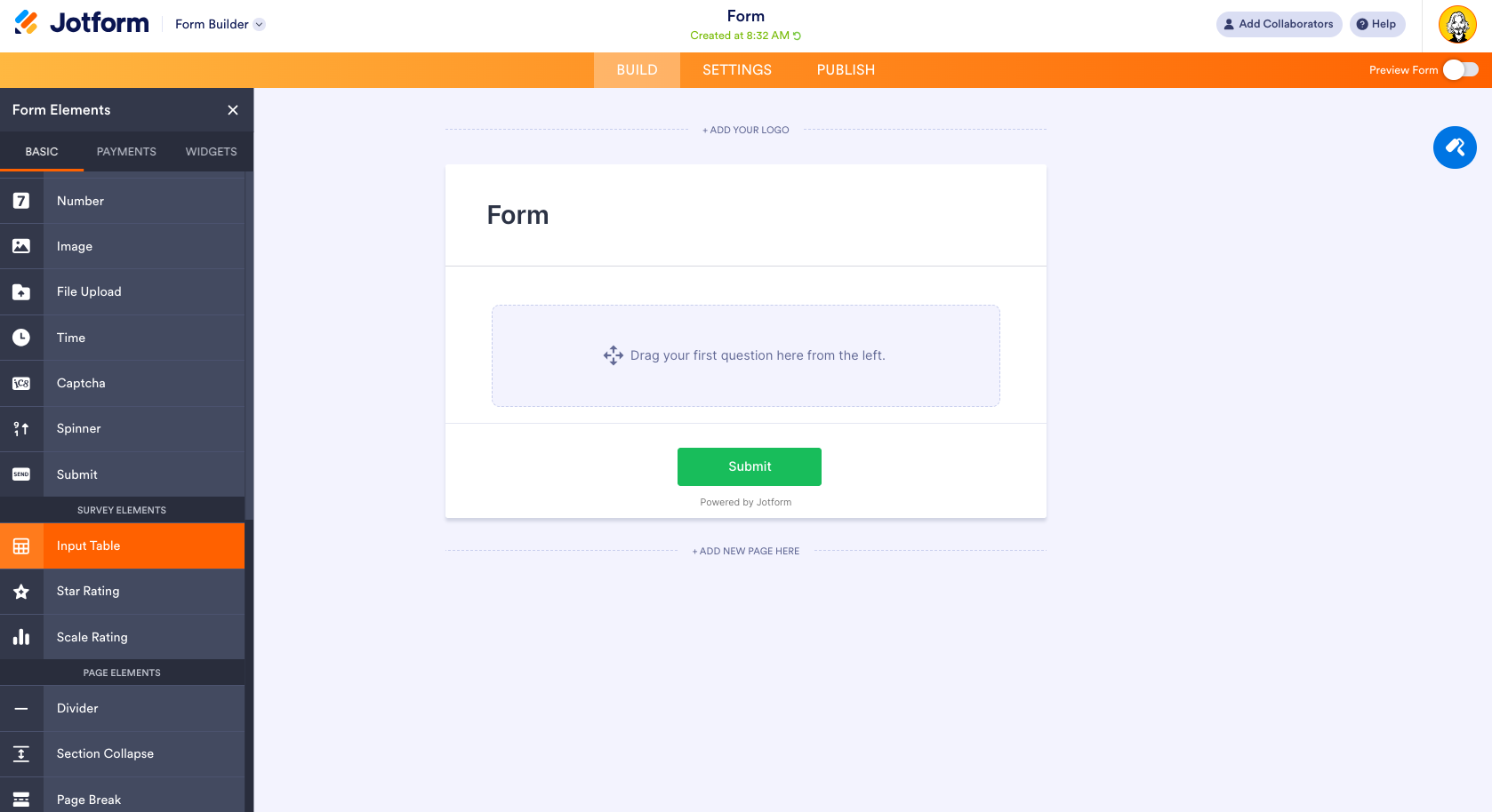 Form Builder Form Elements Input Table