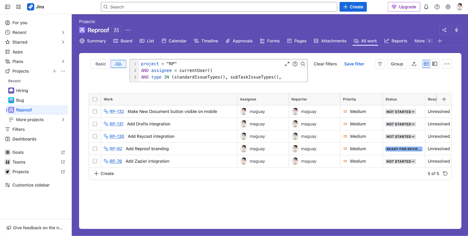 Jira Projects Page
