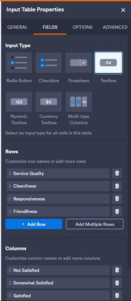 Input Table Properties Fields Tab