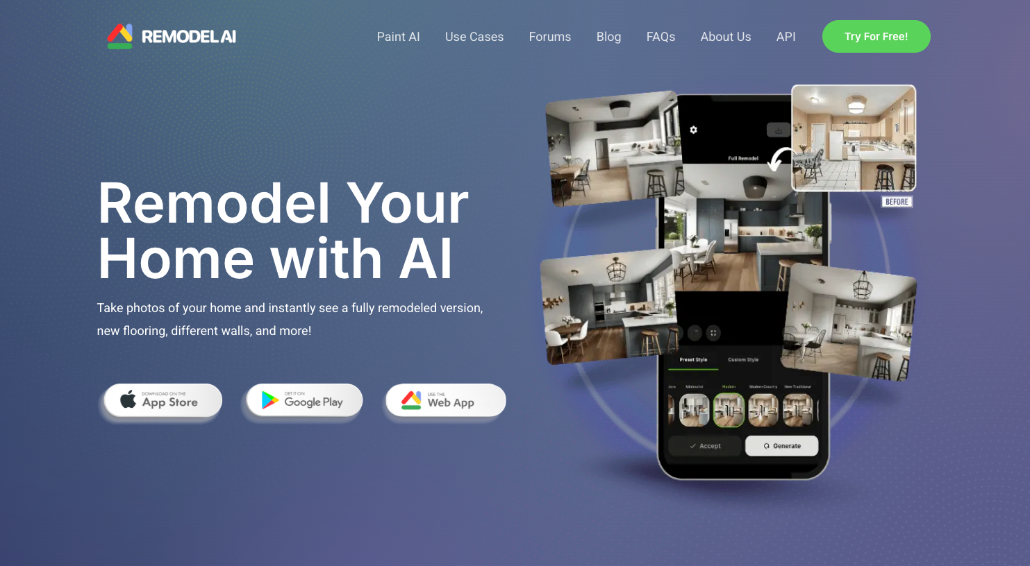 Screenshot of the Remodel AI homepage showing a close-up view of a smartphone with four rendered images of a kitchen design, along with links to download the app