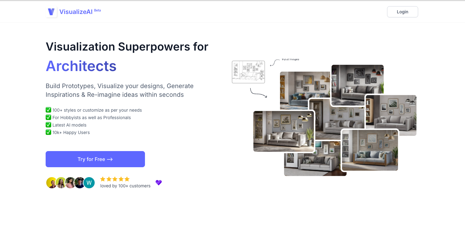 Screenshot of the VisualizeAI website, showing seven different renderings of a living room design and a button to click for a free trial