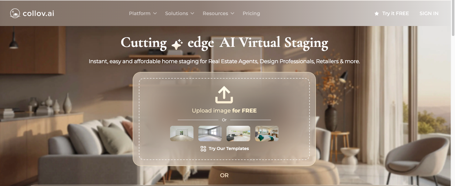 Screenshot of the Collov AI homepage, featuring a prompt to upload an image for free with an out-of-focus image of a living room in the background