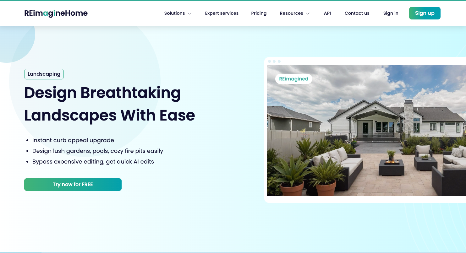 Screenshot of the REimagineHome website's Landscaping page, featuring a free trial button and an image of a modern outdoor living space in the backyard of a home