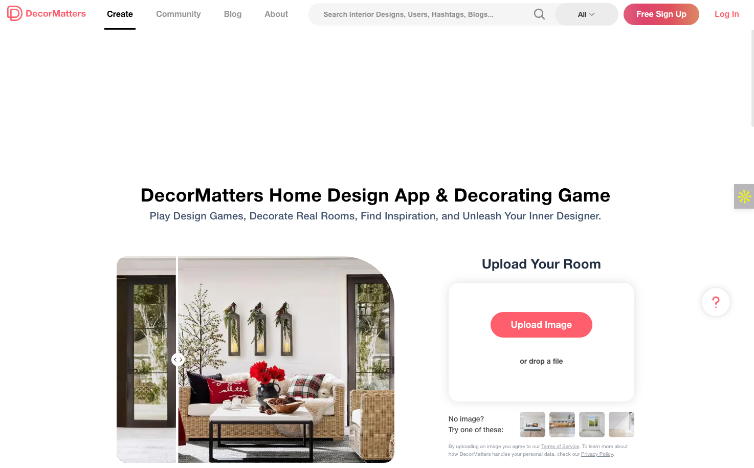Screenshot of the DecorMatters homepage, showing an "Upload Image" button and an image of a living room space filled with wicker furniture that's featured in a decorating game