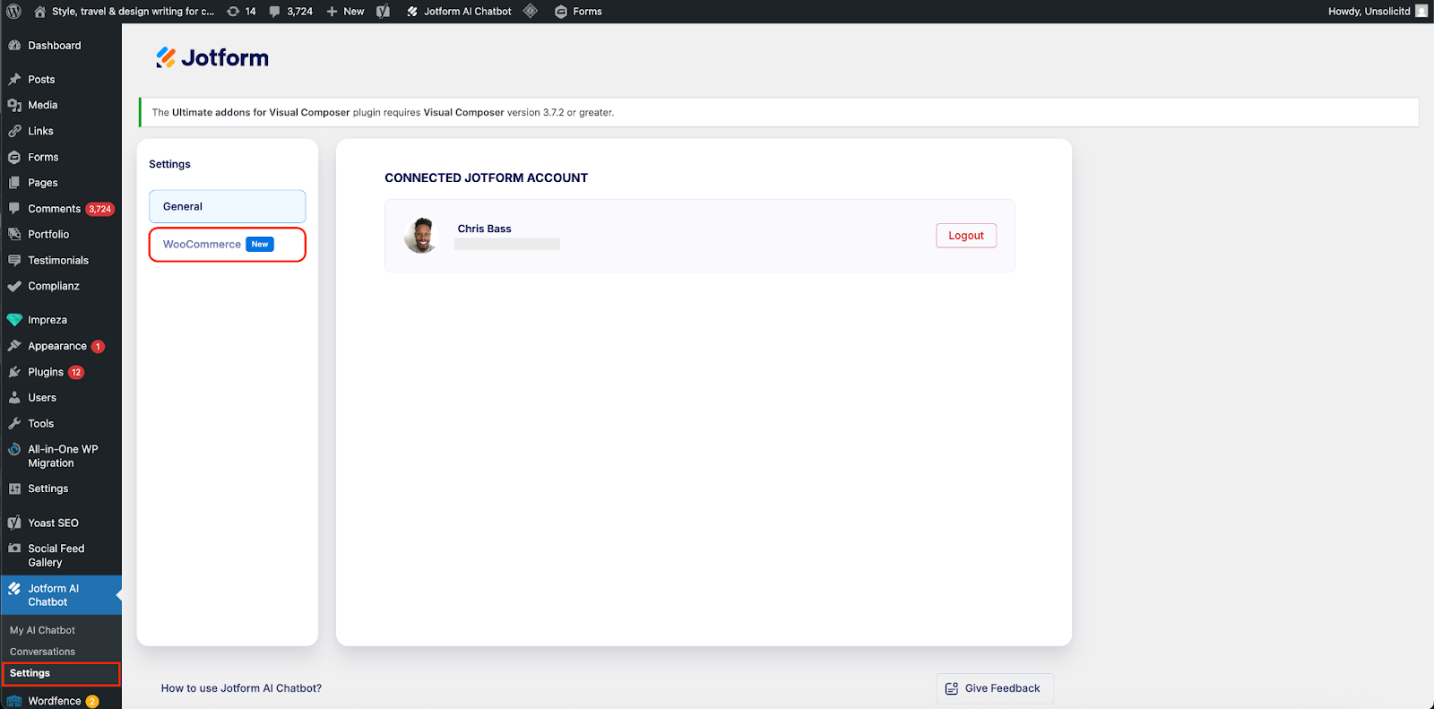 Clicking on the WooCommerce button on the Settings