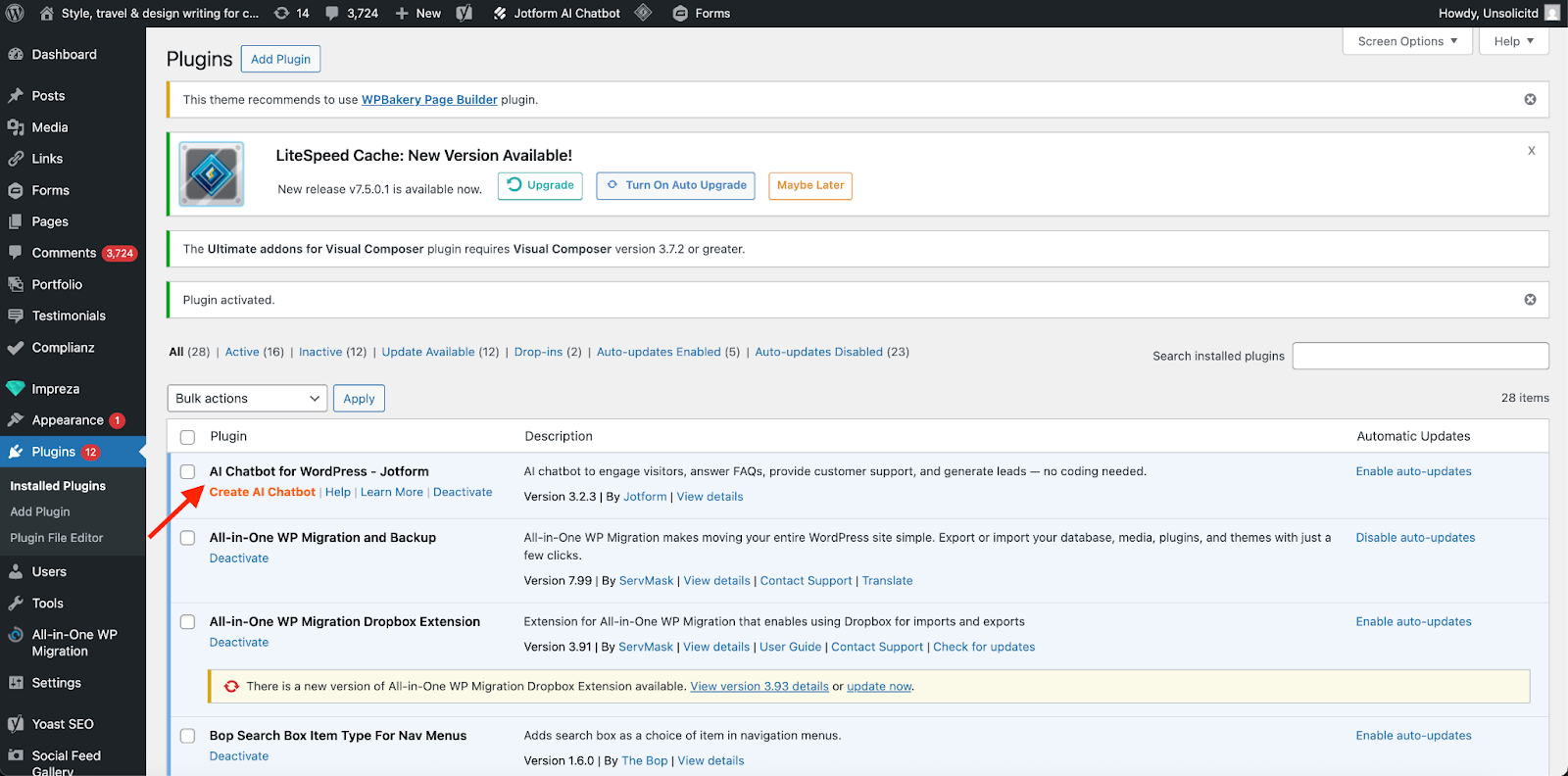 Clicking on the Create AI Chatbot option under the AI Chatbot for WordPress option