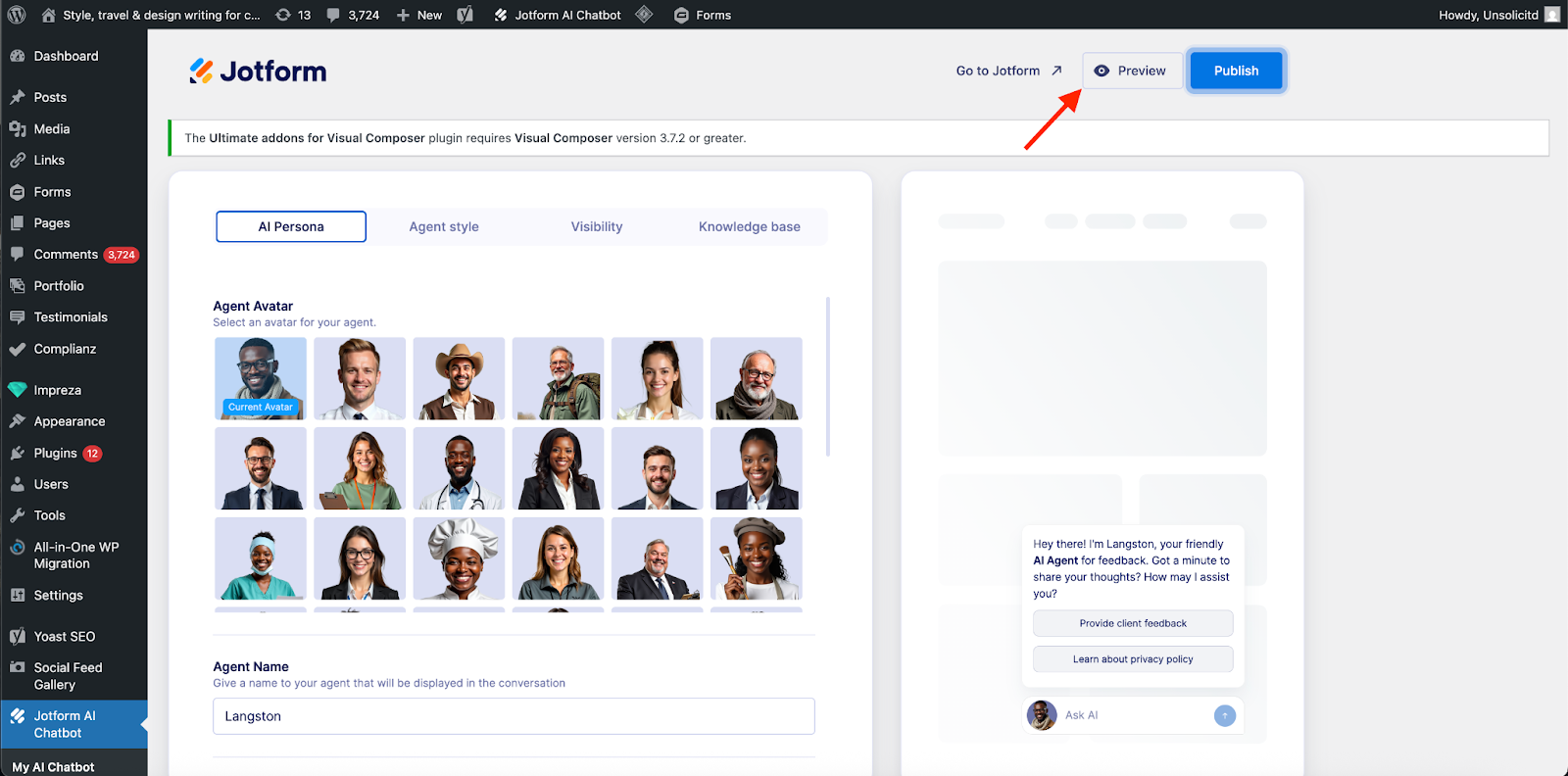 Clicking on the Preview button on the Jotform AI Chatbot 