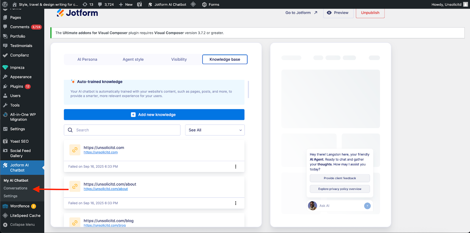 Clicking on the Conversations tab under the Jotform AI Chabot options