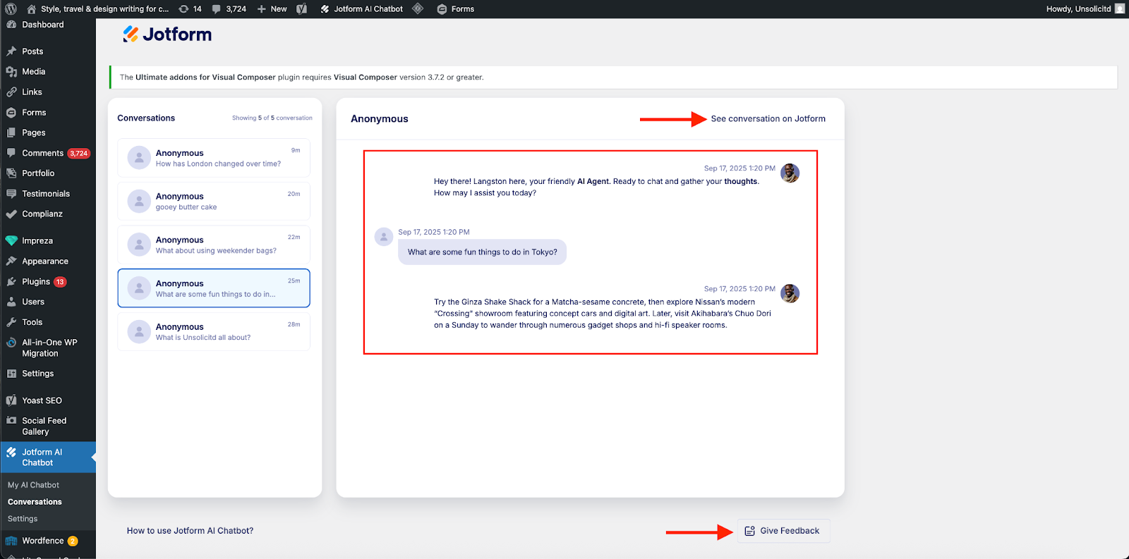 Highlighting a conversation with an Anonymous person on the Conversations page