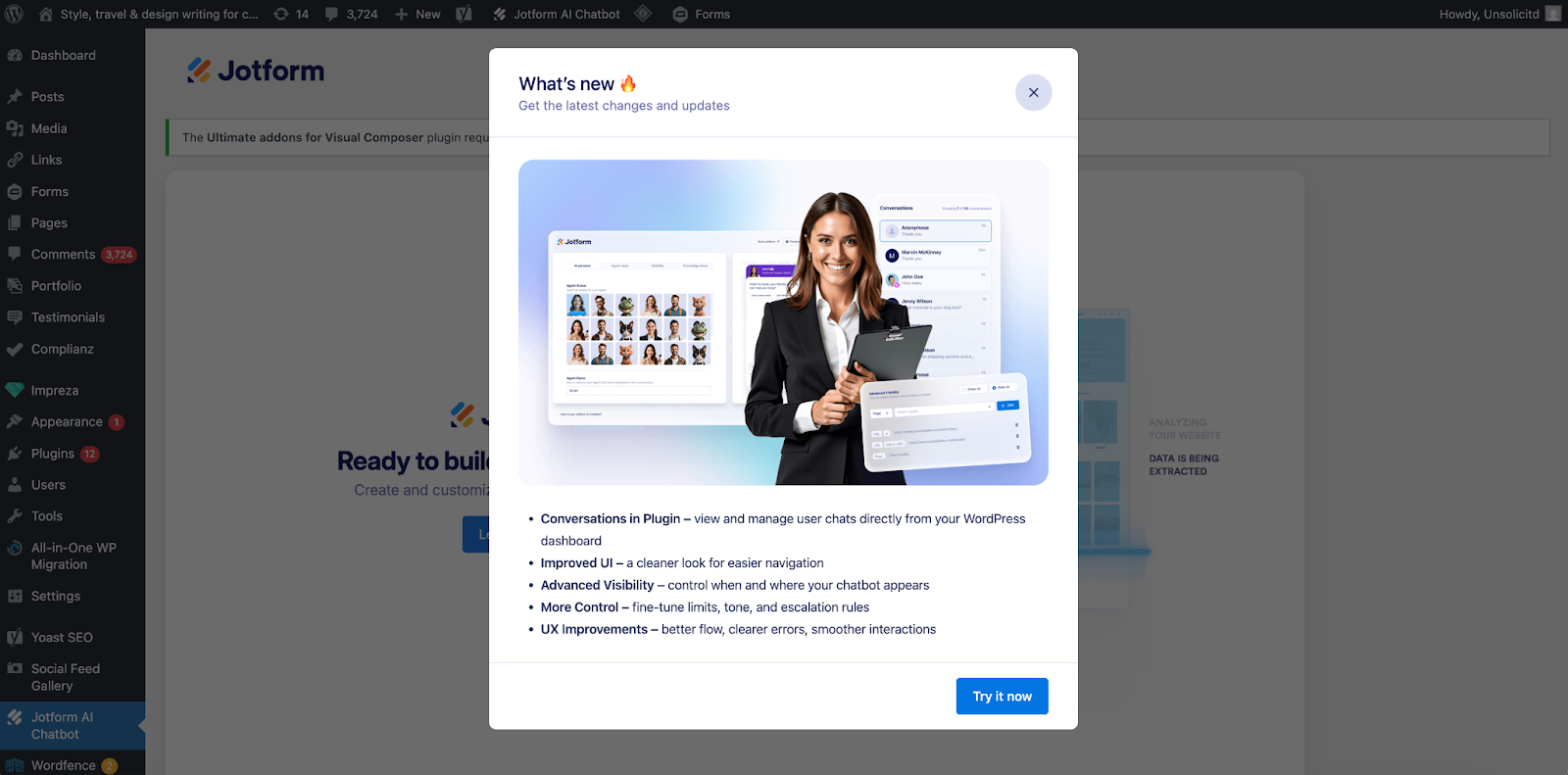 Viewing the What's new window on the Jotform Plug-in on WordpPress