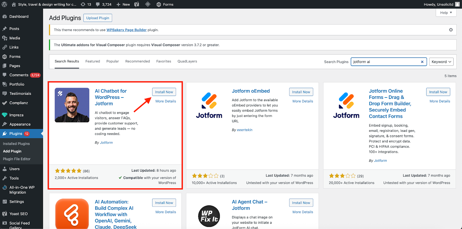 Clicking on the Install Now button on the AI Chatbot for WordPress option
