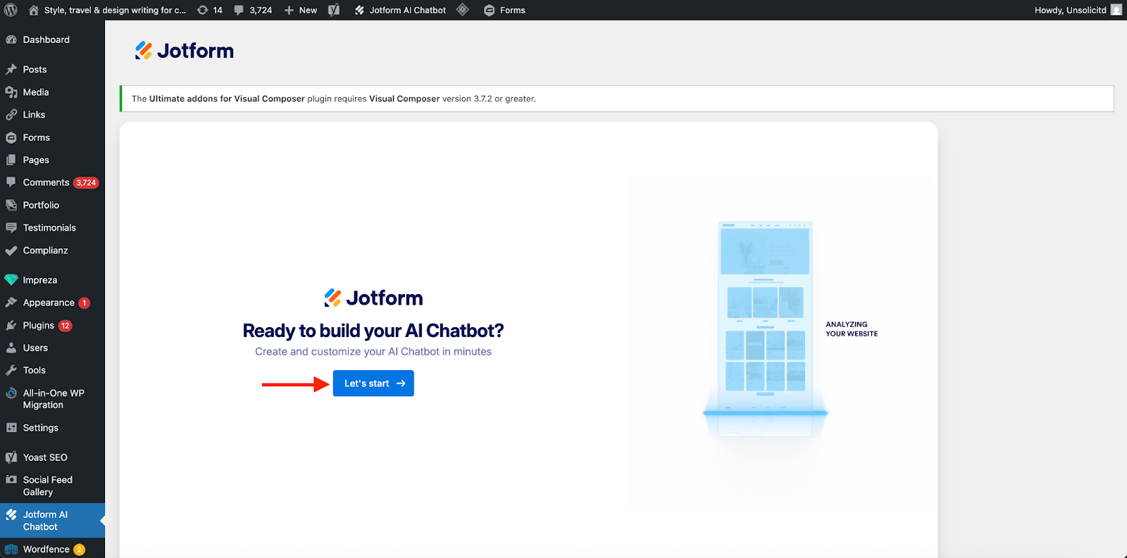 Clicking on the Let's start button on the Jotform AI Chatbot page