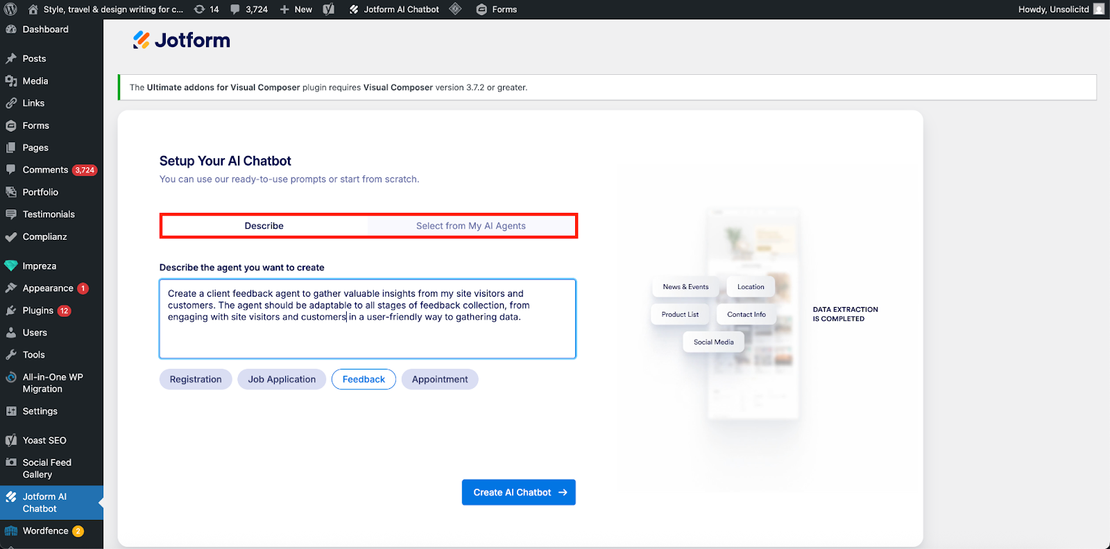 Highlighting the Describe and the Select from My AI Agents options on the Setup Your AI Chatbot page