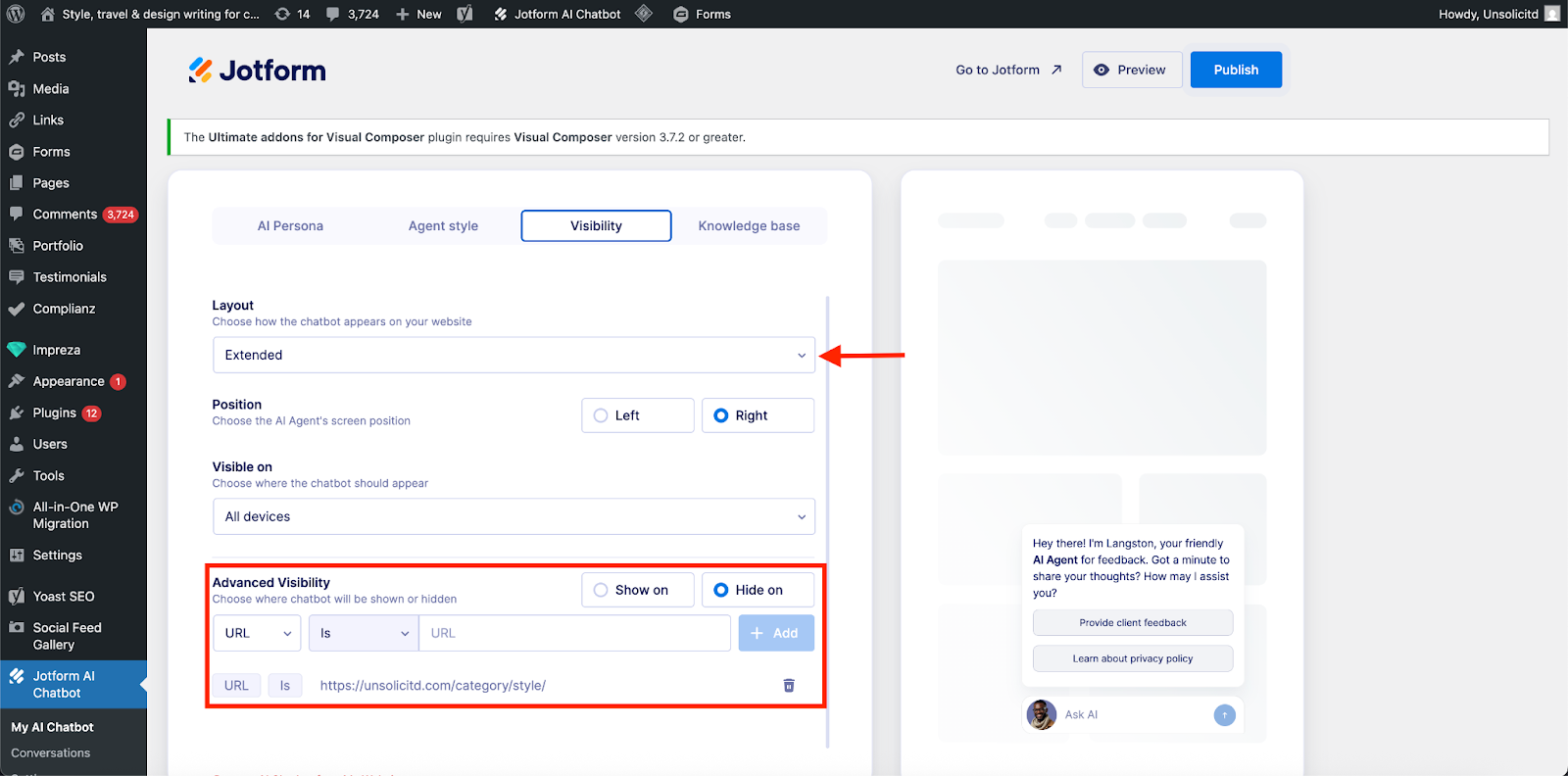 Highlighting the Advanced Visibility section and the dropdown under the Layout option on the Visibility tab
