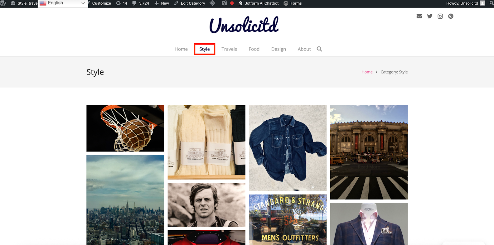 Viewing the Style tab on the website that the chatbot does not appear on