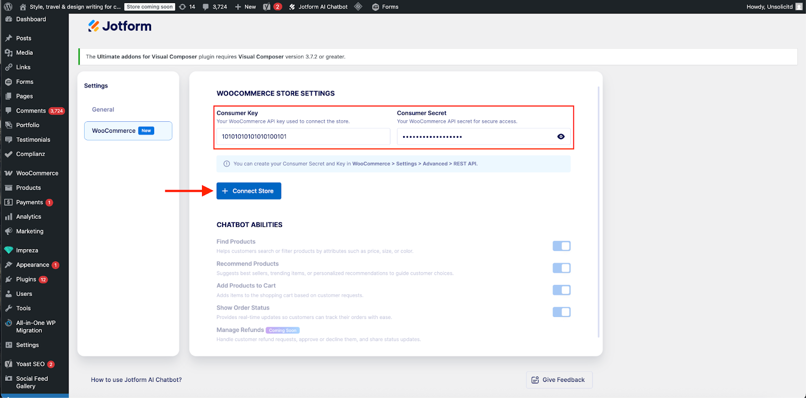 Clicking on the Connect Store button on the WooCommerce Store Settings