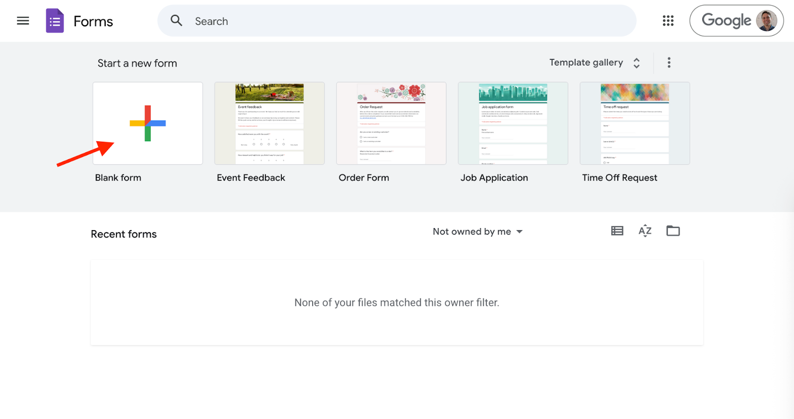 Google Forms Main Menu