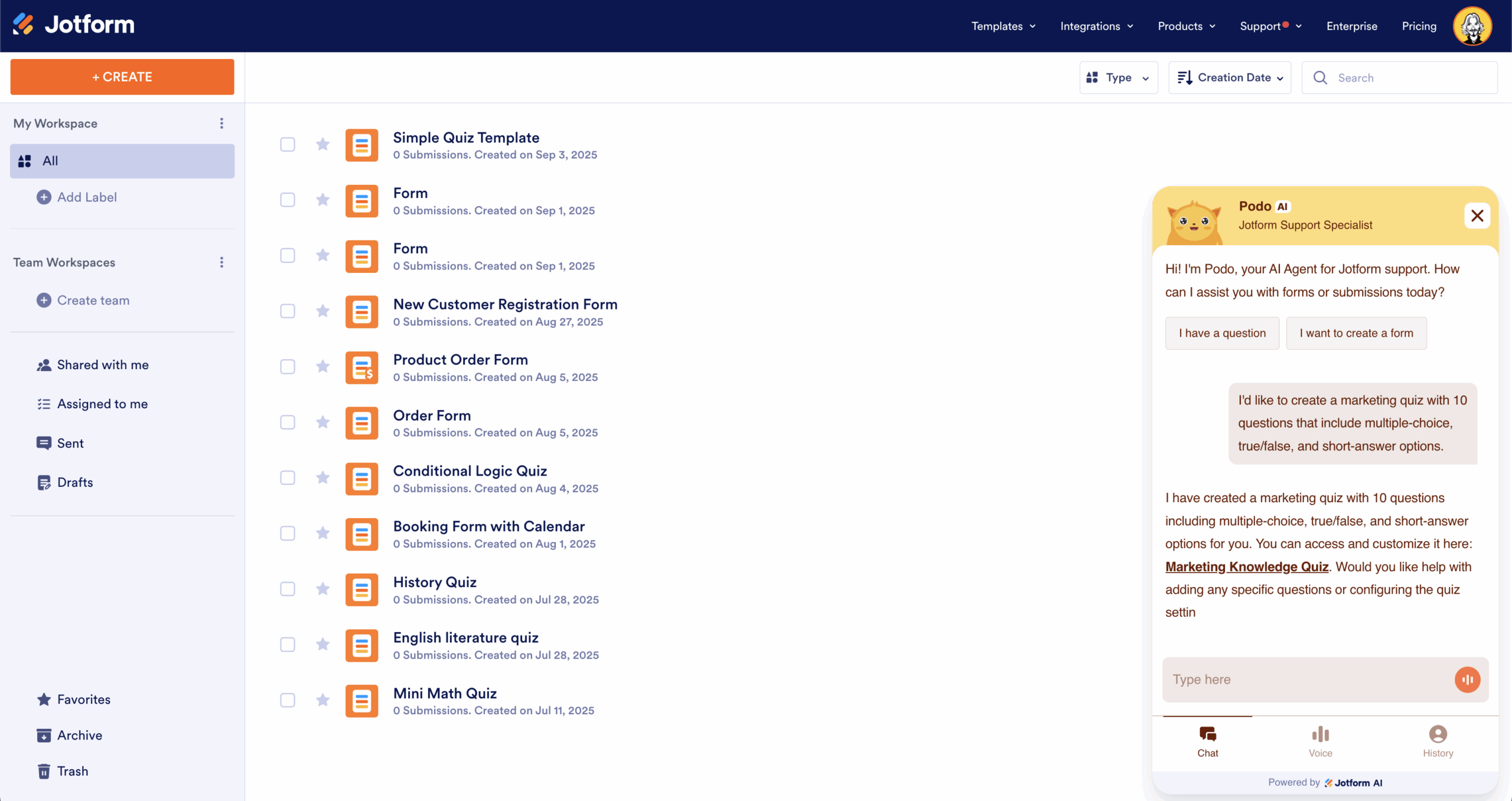 Jotform Workspace AI Chatbot Pop-up