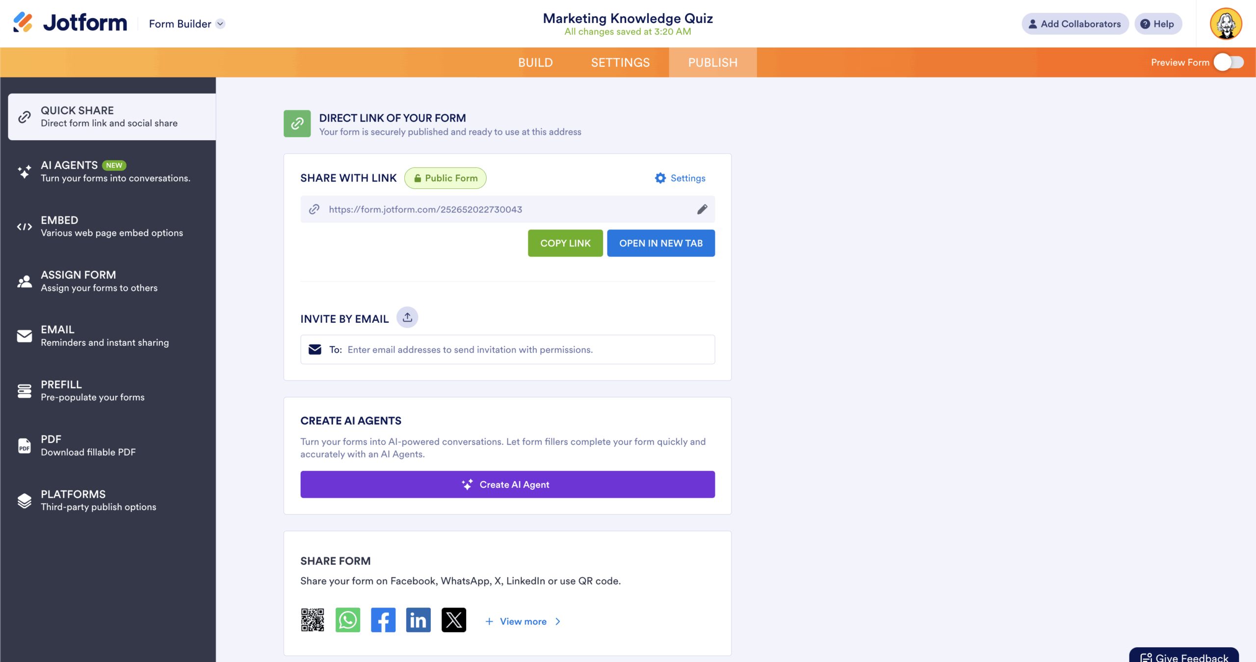 Jotform Form Builder Publish Tab