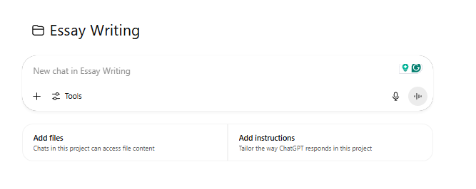 screenshot of Chatgpt projects tab created for essay writing