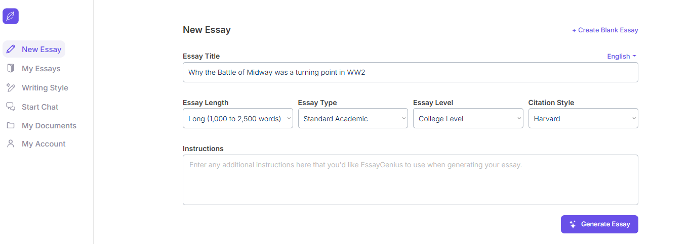 screenshot of essaygenius product interface showing the sections new essay, length, type, level etc