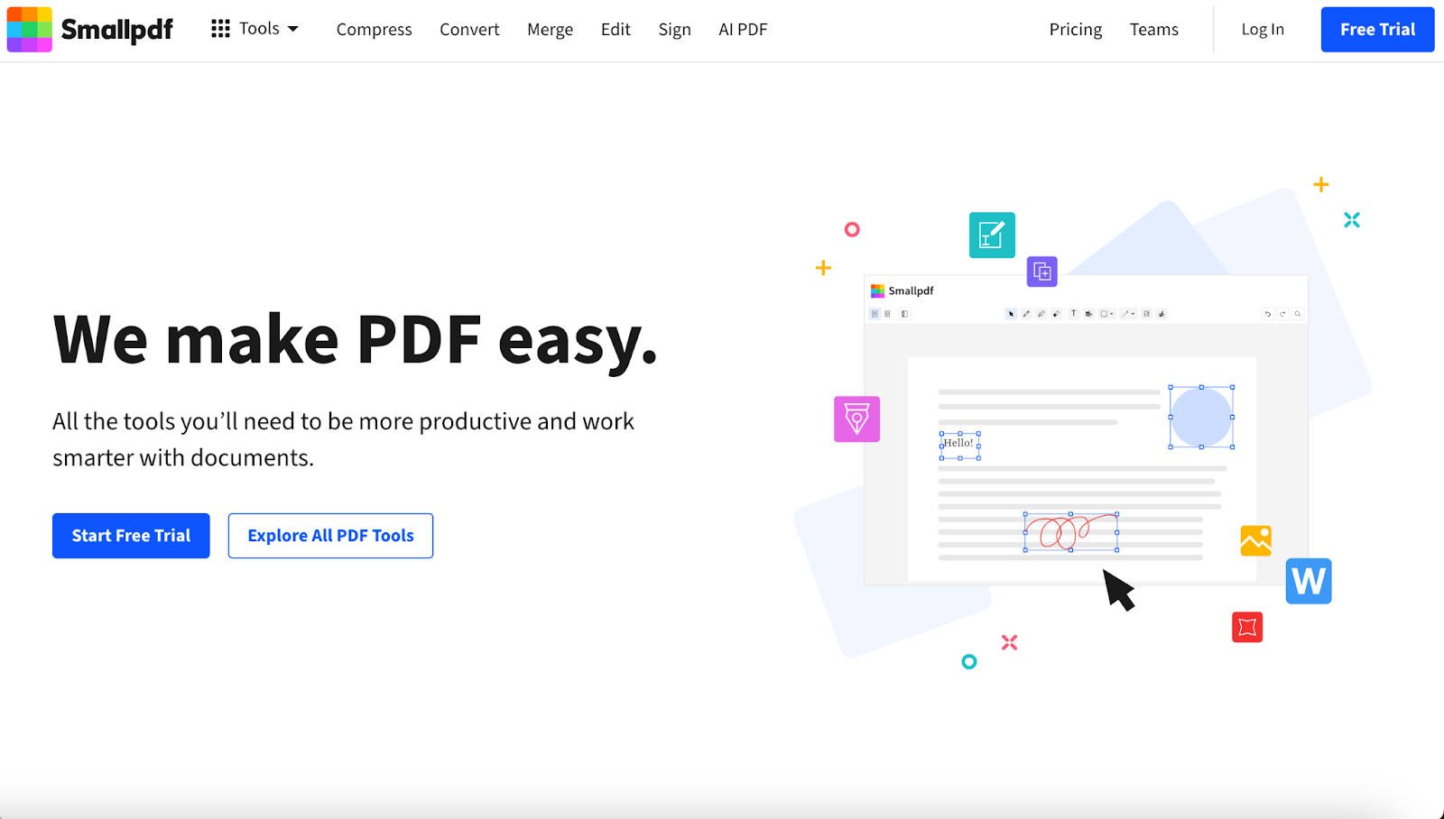 screenshot of Smallpdf landing page with the words we make pdf easy